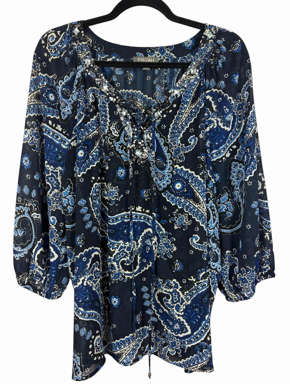 Roz & Ali Woman 2X Blue Paisley Peasant Blouse Beaded Tie Neck Boho Top